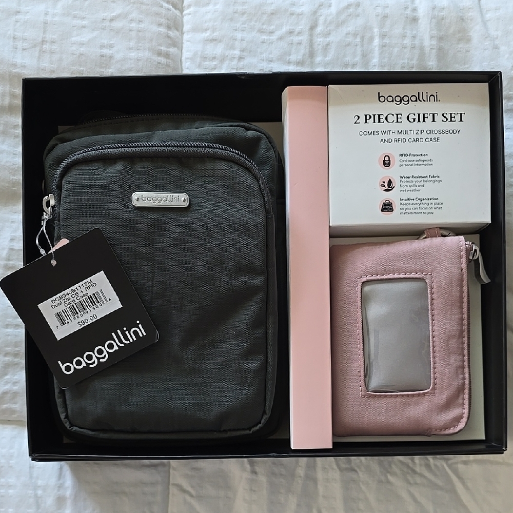 Baggallini Crossbody and Card Case Set - Black and Pink